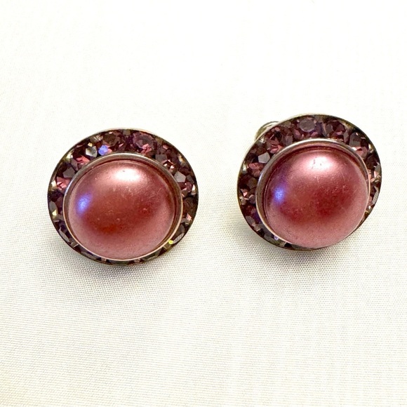 Vintage Plastic Cabochon Rhinestone Earrings Silver Tone Screw Back - Picture 2 of 11